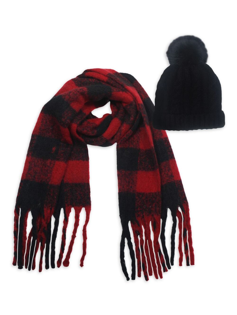 Marcus Adler Women's Red Black Buffalo Plaid Hat and Scarf Set
